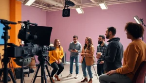 영상업체 team collaborating on creative projects in a vibrant video production studio.