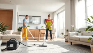 Expert bond cleaning Logan service, showcasing professional cleaners diligently tidying an apartment