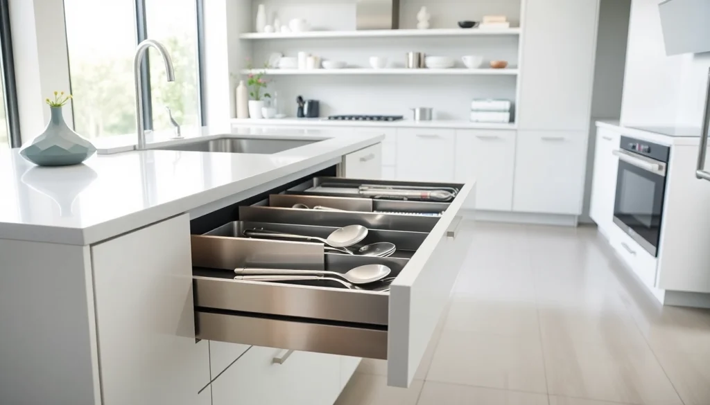 Showcasing a functional metal drawer system in a modern kitchen design.