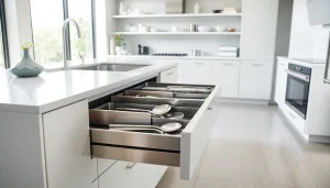 Showcasing a functional metal drawer system in a modern kitchen design.