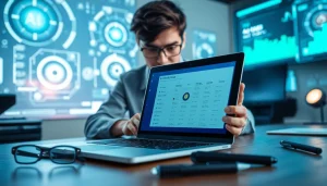 Analyze text with a professional ai checker tool on a laptop in a tech-focused workspace.