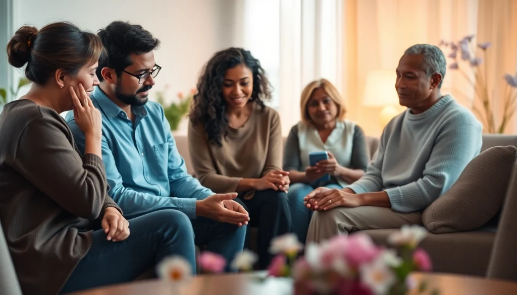 A supportive gathering, focusing on dealing with grief and sharing emotions in a comforting space.