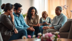 A supportive gathering, focusing on dealing with grief and sharing emotions in a comforting space.