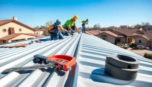 metal roofing installation Austin showcased by a professional team at work in a residential neighborhood