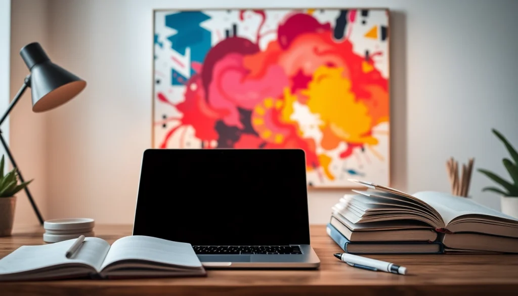 Showcase a vibrant workspace with a laptop for efficient wps content generation and creativity.