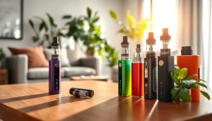 Showcasing nicotine free vapes in a stylish setting with vibrant colors and natural light.