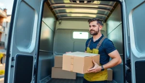 Engaged workers showcasing efficient man and van moving services in an urban area.