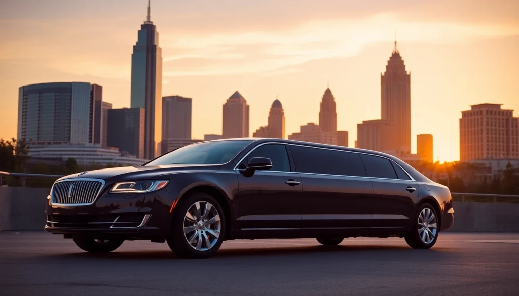 Experience top-notch car service Atlanta with a luxury limousine parked against the stunning skyline.
