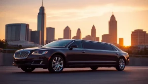 Experience top-notch car service Atlanta with a luxury limousine parked against the stunning skyline.