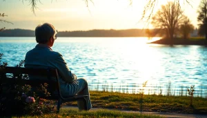 A person reflecting on grief while sitting by a peaceful lake in a lush park setting.
