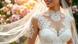 Lace Wedding Dresses featuring intricate designs showcased by a bride in a blossoming garden.