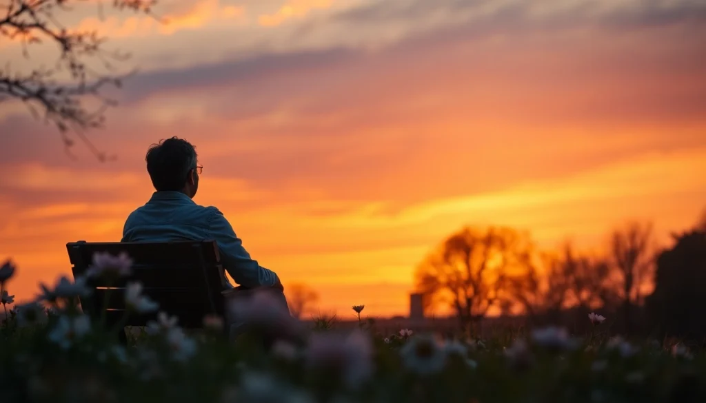 A person coping with grief while seated on a park bench, gazing at a sunset backdrop.
