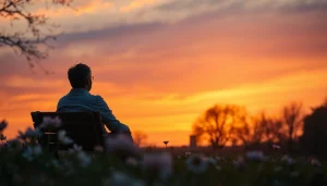 A person coping with grief while seated on a park bench, gazing at a sunset backdrop.