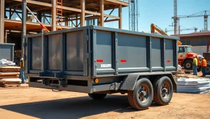 Showcase of dumpster trailers for sale featured at a construction site, highlighting their build quality.