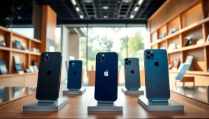 Explore a well-lit showcase featuring the latest models to buy iphone in a modern electronics store.