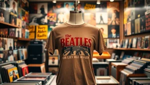 Showcase the Beatles Abbey Road shirt prominently displayed with vibrant album art in a music-themed retail shop.