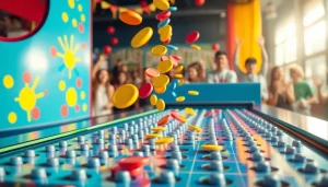 Plinko papan permainan yang penuh warna dengan chip jatuh di antara paku.