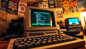 Play DOS games on a vintage computer with nostalgic gaming accessories.