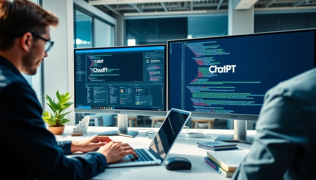 Compare Claude Code vs ChatGPT in a modern tech workspace, highlighting coding interfaces.