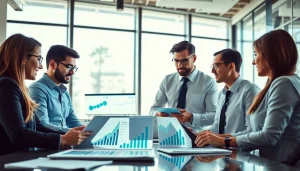 Analyze competitive intelligence data among business professionals in a modern office.