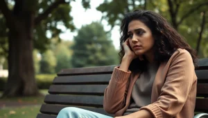 Reflecting on a relationship breakup, two individuals showing emotions in a park setting.