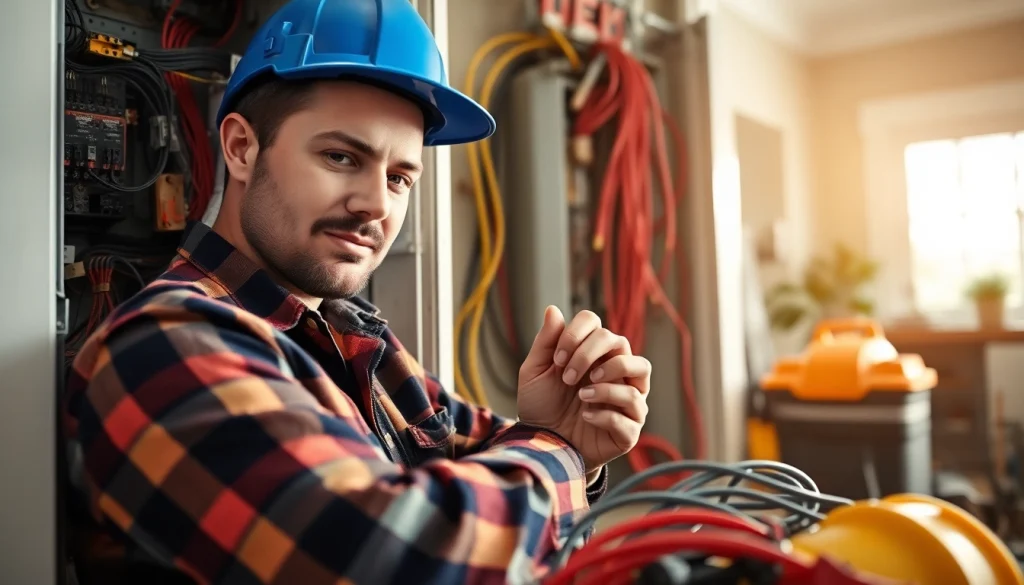 Electrical Contractor Clearwater expertly fixing a residential electrical panel with tools and safety gear.