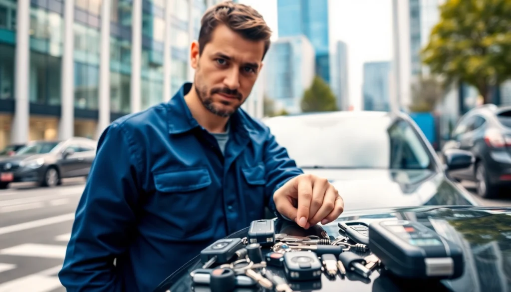 Locksmith assisting customer with lost car keys, depicting urgency and professionalism.