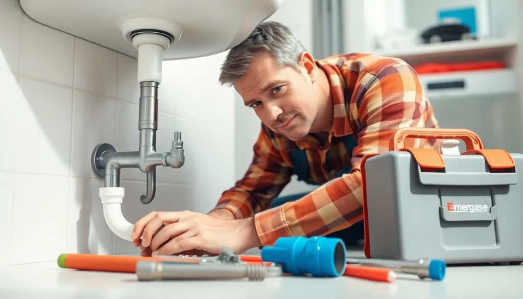 Expert Emergency Plumber Sydney fixing a leak in a modern bathroom, showcasing professional tools and environment.