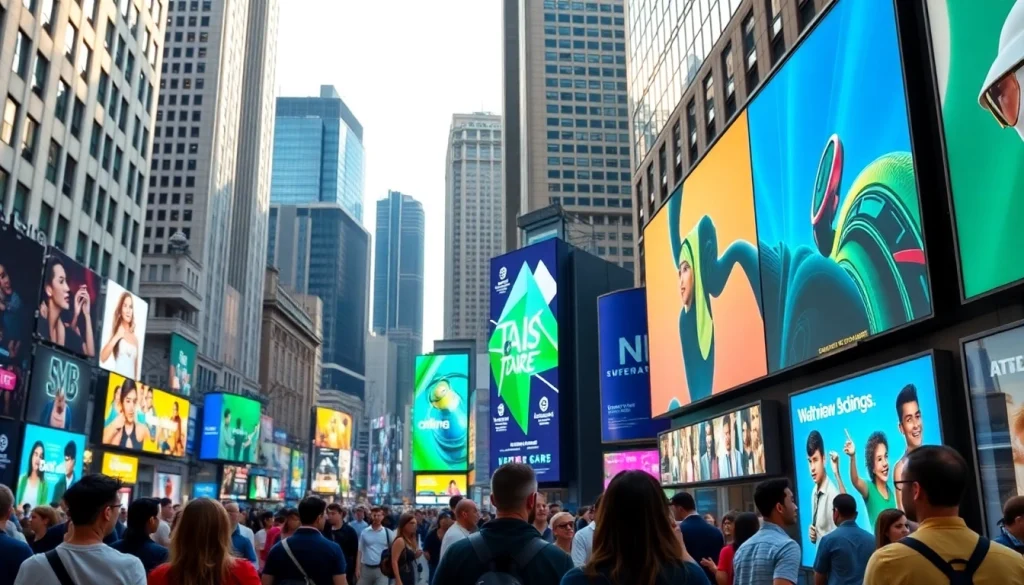 Engaging digital signage display captivating urban audience with vibrant advertisements.