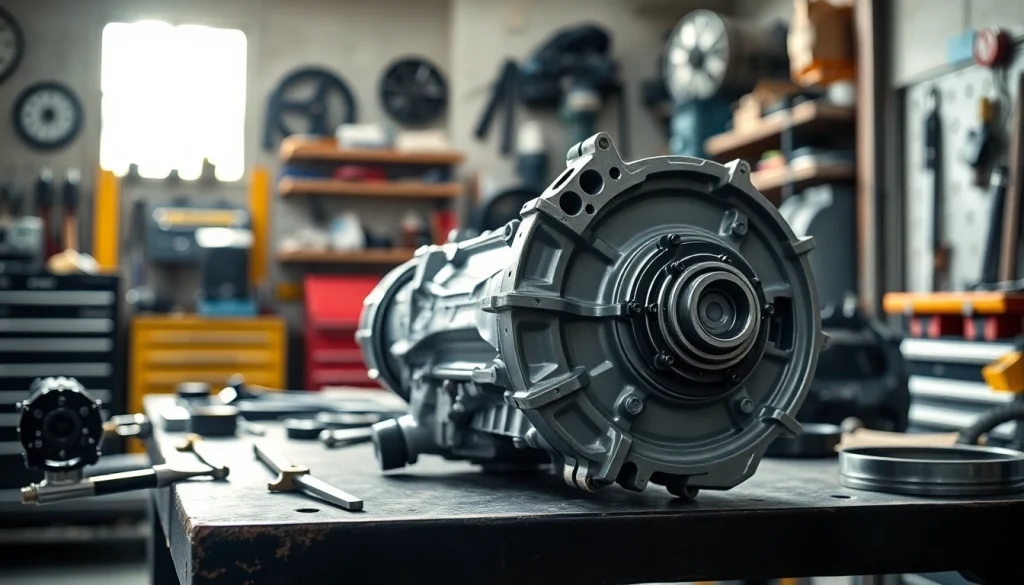 Showcase low mileage transmission for sale in an automotive workshop setting, emphasizing quality and craftsmanship.