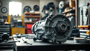 Showcase low mileage transmission for sale in an automotive workshop setting, emphasizing quality and craftsmanship.
