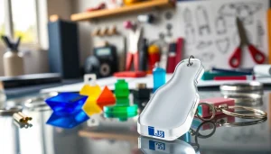 Acrylic keychain manufacturer showcases custom designs in vibrant colors.