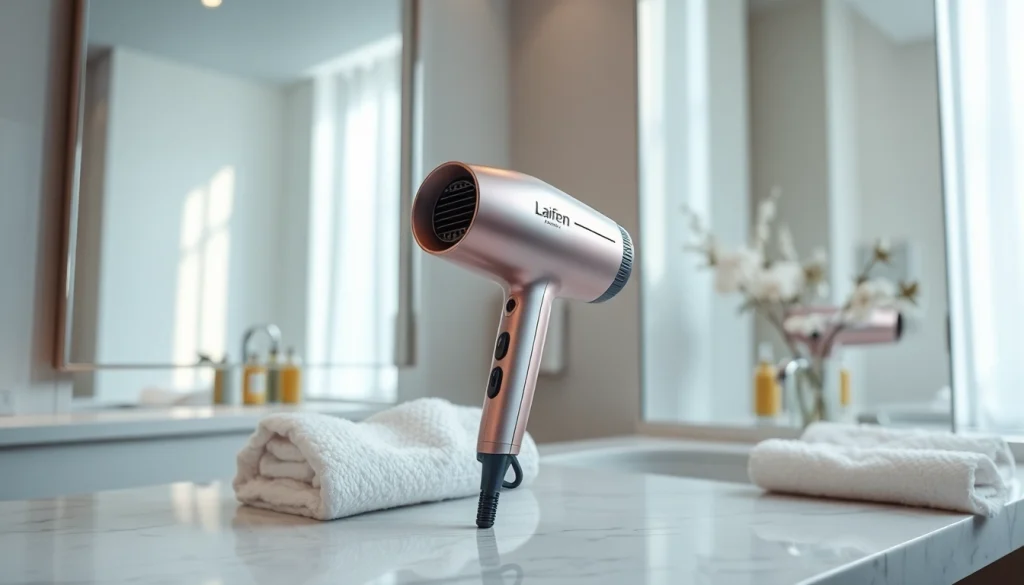 Showcasing Laifen hair dryer Canada in a modern bathroom setting with elegant decor.