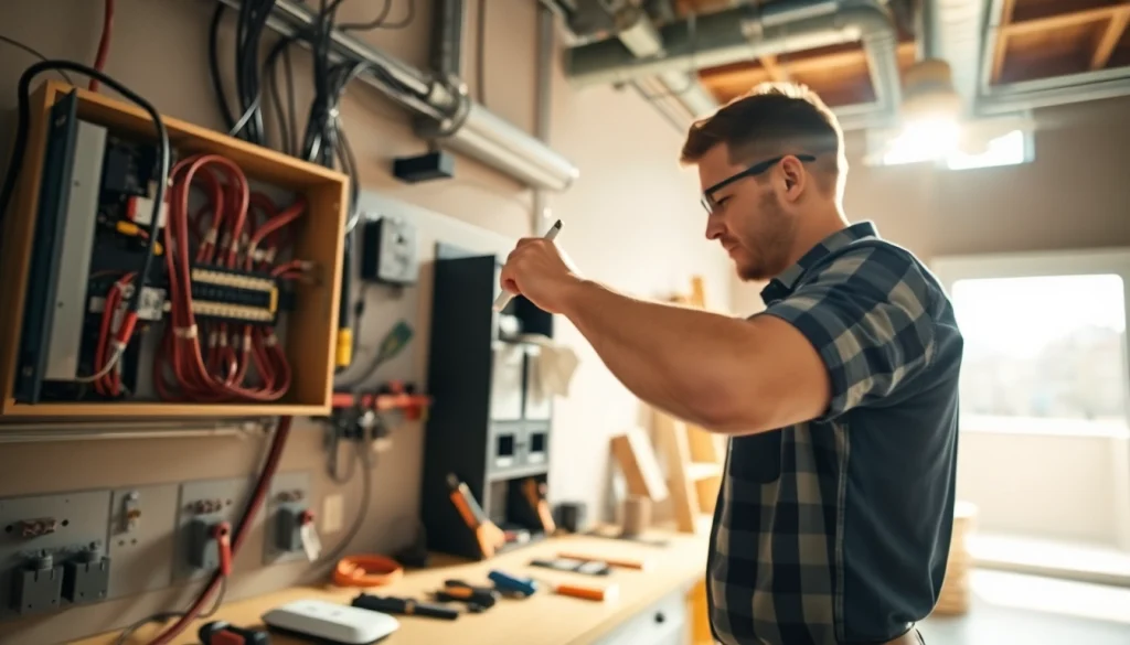 Electrician performing electrical service installation in a home environment, ensuring safety and professionalism.