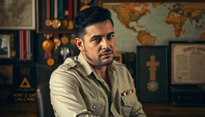 Captain Manny Sousa reflecting on his military journey at https://www.mannysousabooks.com with memorabilia around him.