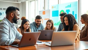 Social media management uitbesteden door een professioneel team in een moderne kantooromgeving