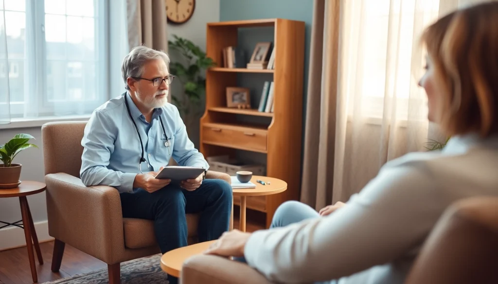 Engaged attachment theory specialist connecting with a client in a welcoming therapy session.
