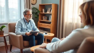 Engaged attachment theory specialist connecting with a client in a welcoming therapy session.