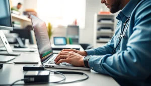 Providing expert computer services in a modern professional setting with a technician at work.