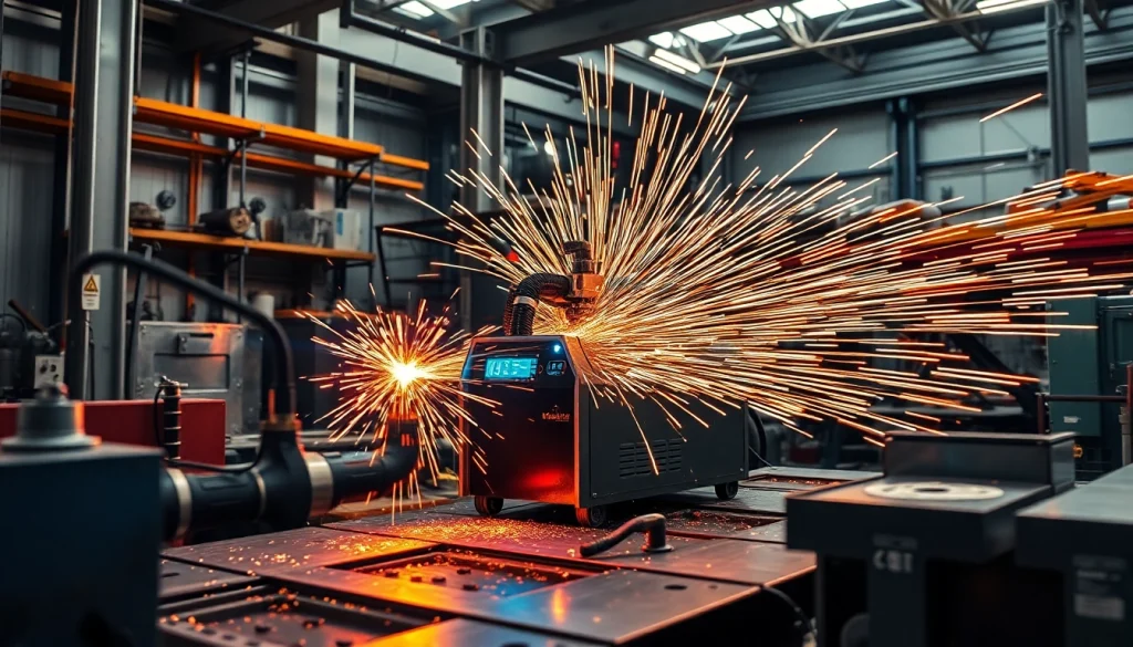 Laser cleaning machine performing precision cleaning in a high-tech workshop environment.