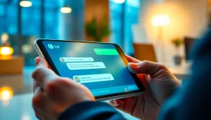 Engage with a chatgpt chatbot interface on a sleek smartphone in a modern office.