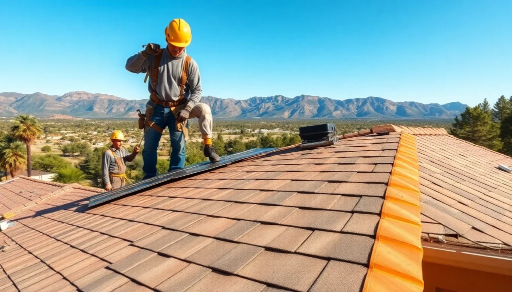 Highlighting roofer services Prescott valley with professionals installing roofing on a house in Arizona.