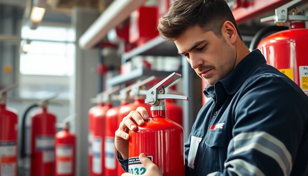 Technician conducting fire extinguisher servicing Birmingham steps in a commercial setting.