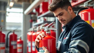 Technician conducting fire extinguisher servicing Birmingham steps in a commercial setting.
