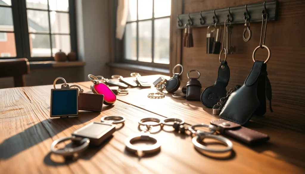Showcasing vibrant customized keychains in various materials creatively arranged on a rustic wooden table.