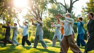 Engage in Tai Chi Long Beach with diverse practitioners embodying calm and unity in a beautiful park.