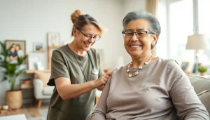 Offering in home care austin tx, a caregiver assists an elderly patient in a cozy living room.