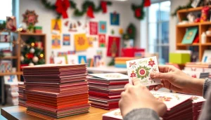 Designing same day Christmas cards in a festive workspace with vibrant colors.