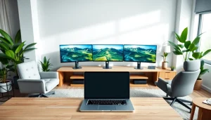 Experience virtual desktop in a modern home office with multiple monitors and soothing decor.