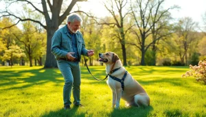 Service dog trainer instructing a trained dog in a sunny park, demonstrating effective communication.